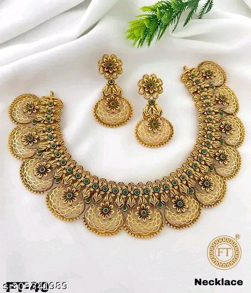 New Designer Matt Finish Gold Plated Jewellery Set with Artificial Stones - Necklace & Earrings