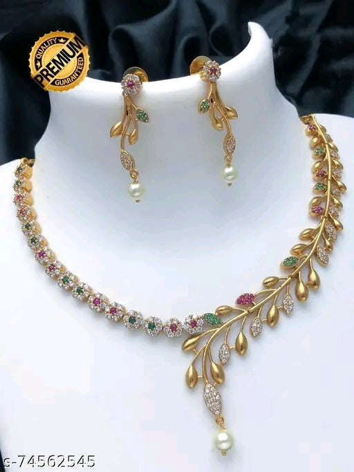 Premium Quality CZ Matte Finish AD Stone Necklace &amp; Earrings Set - Gold Plated for Women