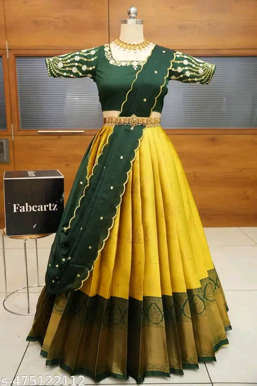 South Indian Style Half Saree with Embroidered Blouse & Rangoli Dupatta Set #