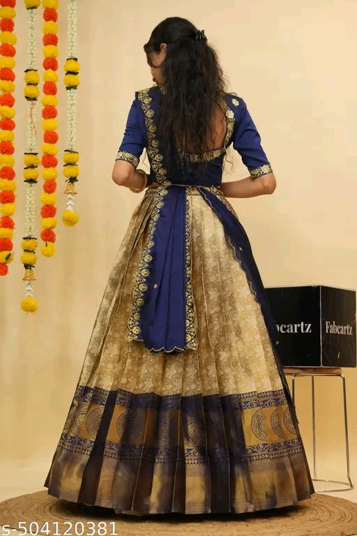 Beautiful Semistitch Half Saree with Woven Design & Rangoli Embroidery Dupatta For Women#