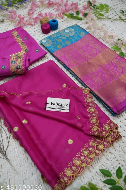 Trending South Indian Unstitched Half Saree Set with Blouse & Rangoli Embroidery Dupatta#