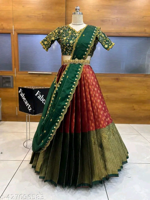 South Indian Style Litchi Silk Half Saree with Embroidered Blouse & Tapeta Dupatta #