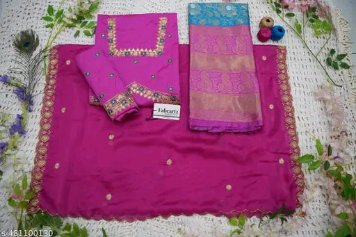 Trending South Indian Unstitched Half Saree Set with Blouse & Rangoli Embroidery Dupatta#