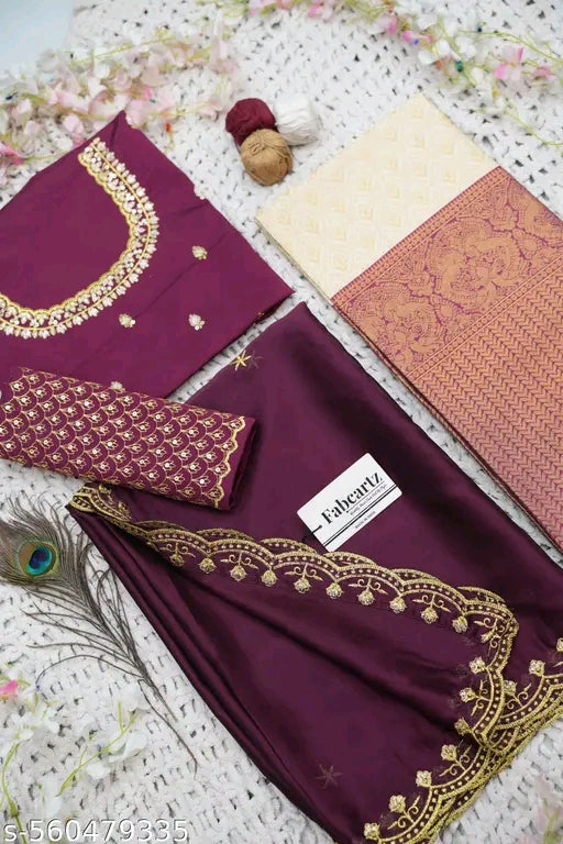 Beautiful Woven Lichi Silk Half Saree with Embroidered Blouse & Rangoli Dupatta #