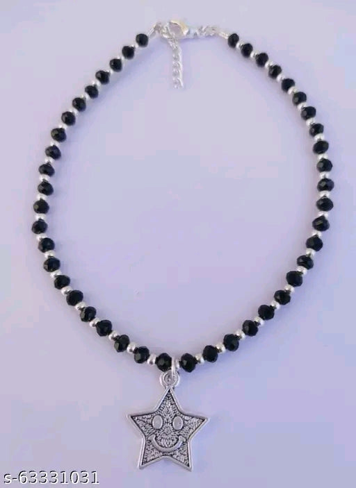 Gleaming Smily Star Black &amp; White Anklet for Girls and Women - German Silver, Adjustable, Oxidized Finish