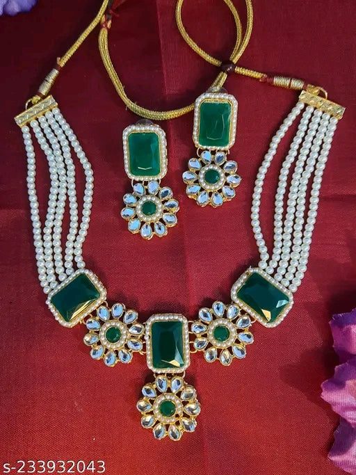 Elegant Kundan Beads Choker Necklace Set for Women | Gold-Plated Alloy Jewelry with Matching Earrings"