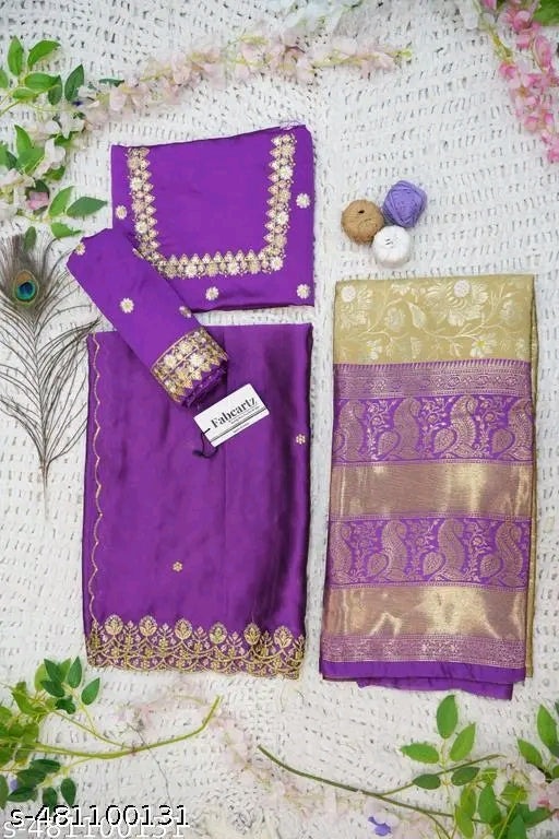 Trending South Indian Unstitched Half Saree Set with Blouse & Rangoli Embroidery Dupatta#