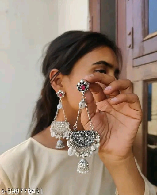 Oxidised Silver Jhumkha Earrings with Pearls