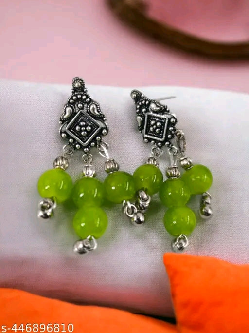 Handmade Green Beads Oxidised Silver Pendant & Earrings Set for Women - Indian Ethnic Necklace Set