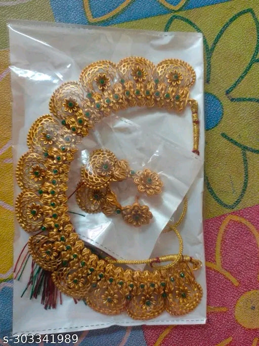 New Designer Matt Finish Gold Plated Jewellery Set with Artificial Stones - Necklace & Earrings
