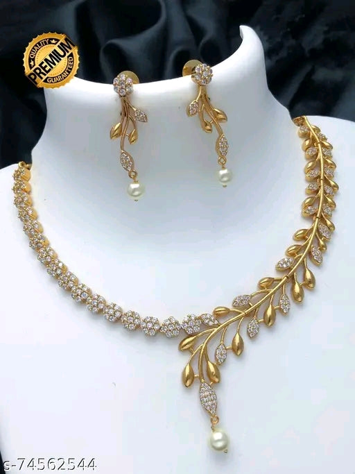 Premium Quality CZ Matte Finish AD Stone Necklace with Earrings - Gold Plated Brass
