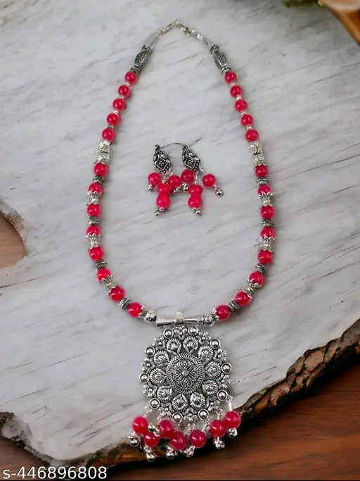 Fashion Jewellery Handmade Red Beads Oxidised Silver Pendant and Earrings Set for Women, Indian Ethnic Necklace Set