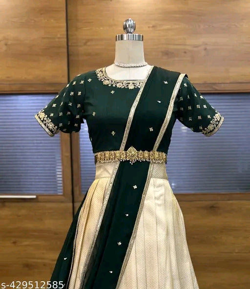 Trending Soft Silk South Indian Half Saree with Embroidery Blouse & Rangoli Dupatta#