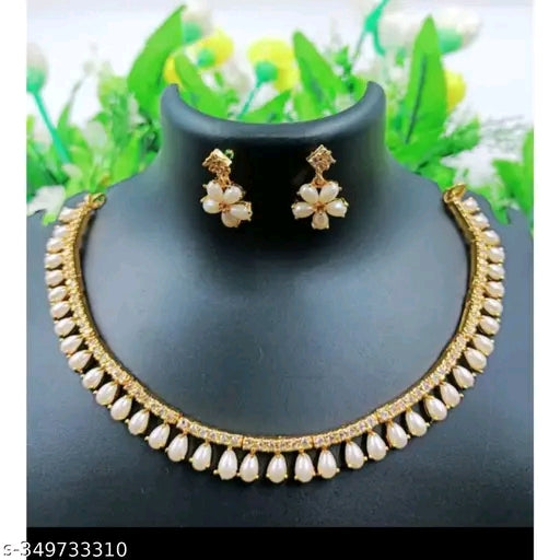Gold-Plated Brass Necklace Set with Cubic Zirconia and American Diamond