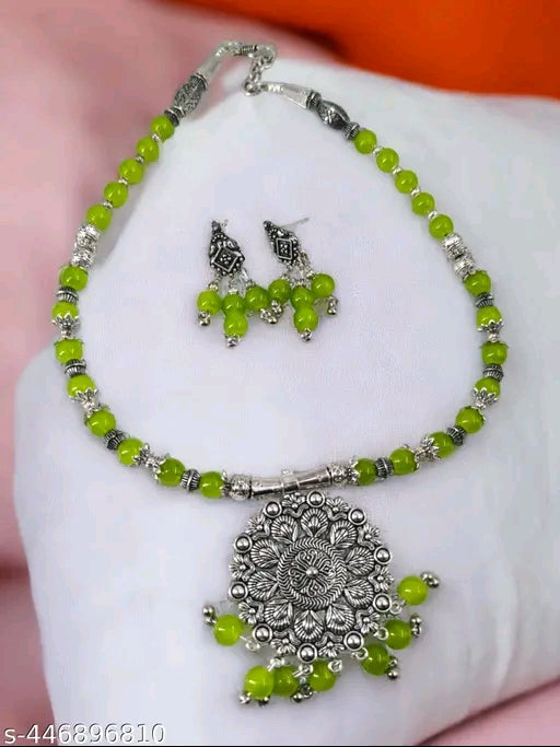 Handmade Green Beads Oxidised Silver Pendant & Earrings Set for Women - Indian Ethnic Necklace Set