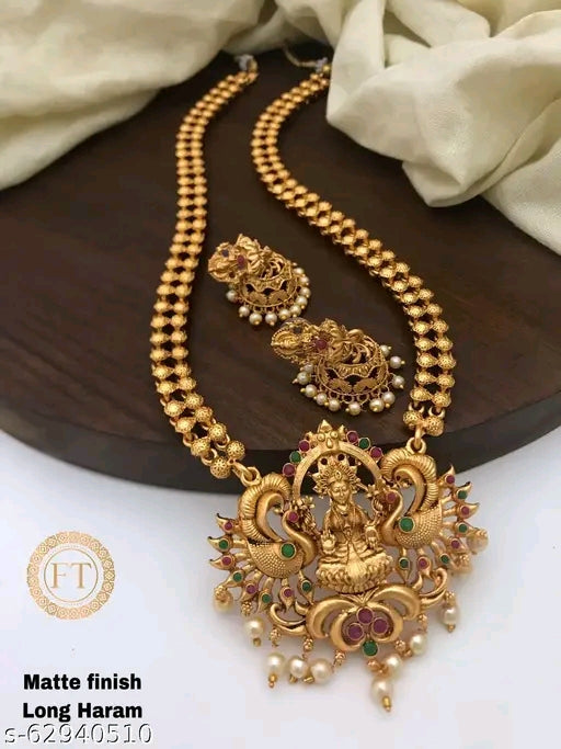 Elegant Matte Finish Long Haram Jewelry Set – Traditional Gold-Plated Design with Earrings