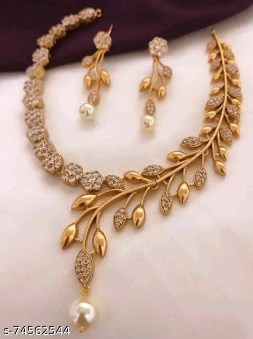 Premium Quality CZ Matte Finish AD Stone Necklace with Earrings - Gold Plated Brass