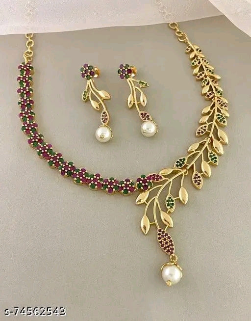 Premium Quality CZ Matte Finish AD Stone Necklace with Earrings - Gold Plated for Women &amp; Girls