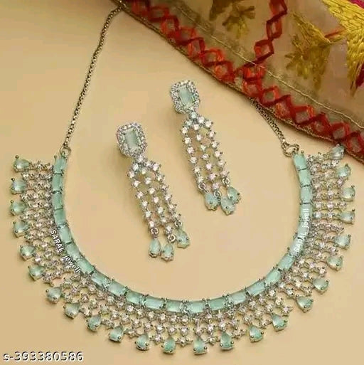 Mint Green Rhodium Plated Jewelry Set with Cubic Zirconia – Necklace & Earrings