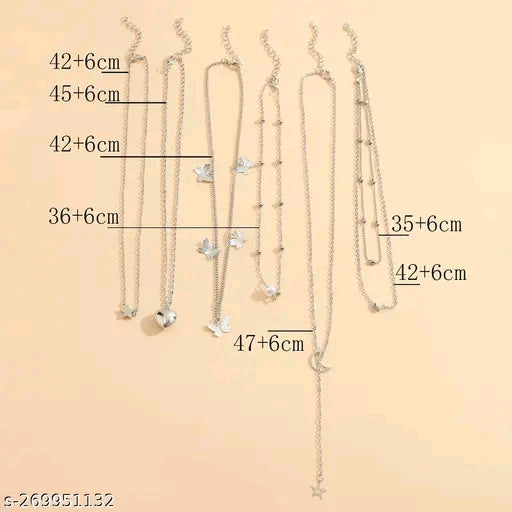 Jewels Galaxy Silver Plated "Six-Pieces" Layered Necklace for Women &amp; Girls - Adjustable Free Size