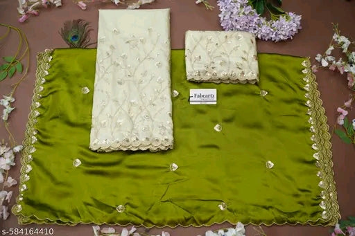 Fabric with floral patterns on a green and brown background