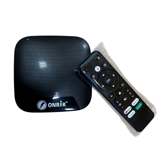 ONRiK Android TV Box 4K front view — Android 13 4GB RAM 32GB voice remote India Faritha 2026