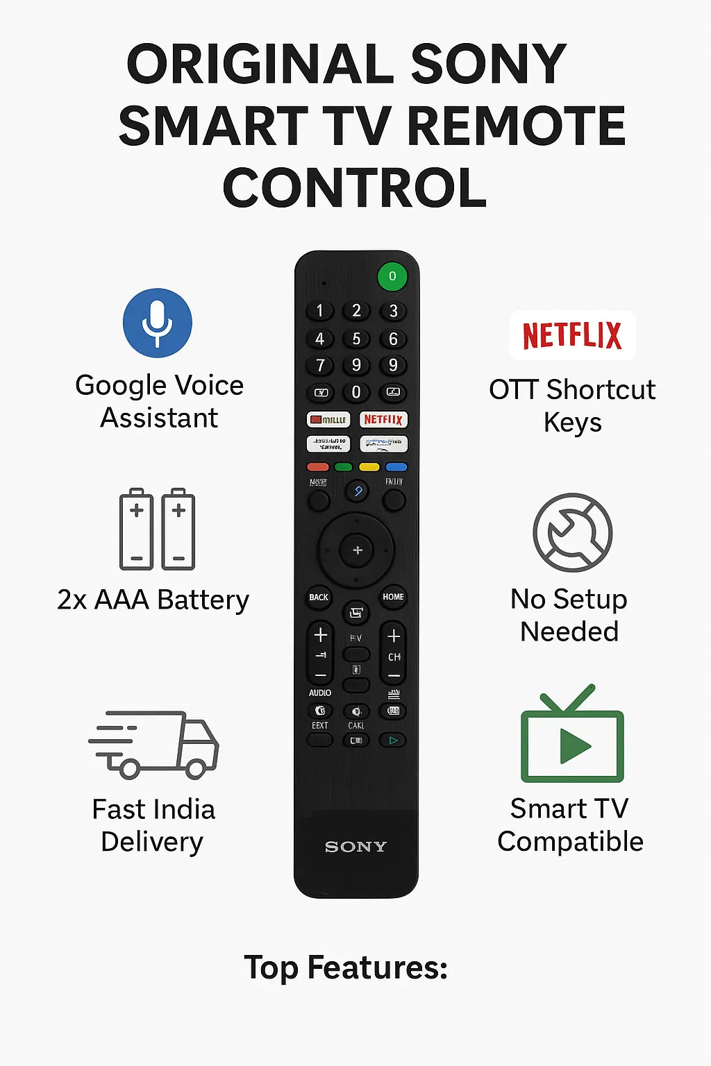 Sony Smart TV remote with Google Voice, OTT shortcuts, and fast delivery features