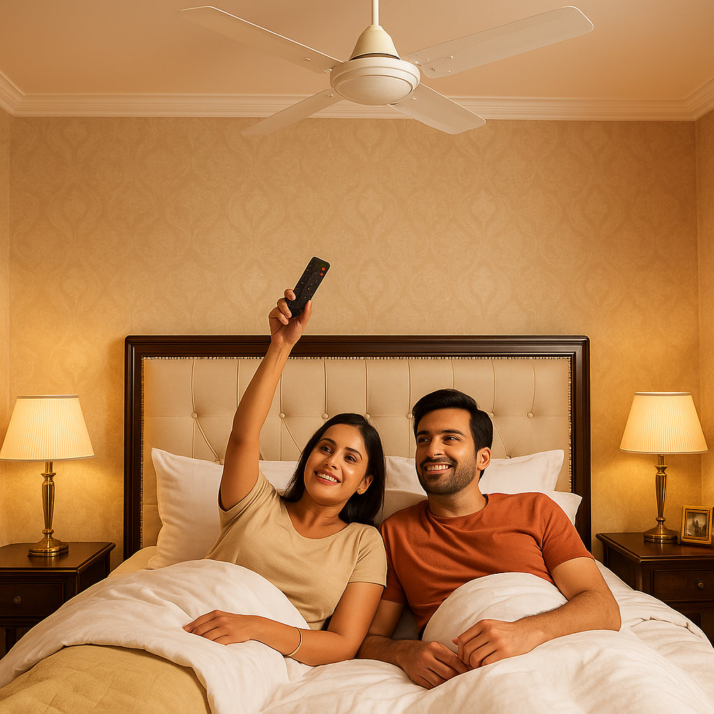 Couple in bed with a remote control, surrounded by warm lighting.