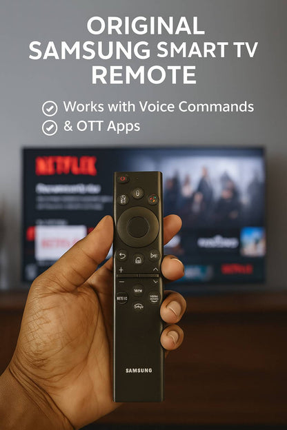 Samsung Smart TV Remote in hand lifestyle — original voice control remote buy India 2026