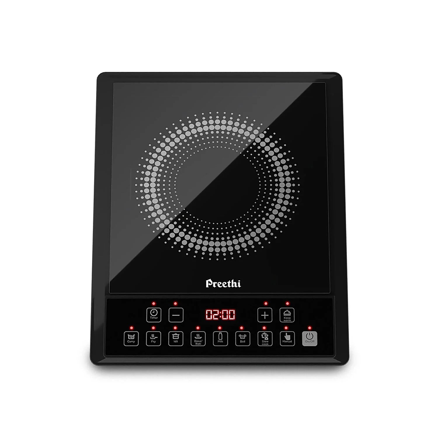 Preethi Indicook IC124 2100W induction cooktop with preset menu