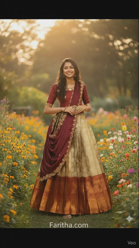 Beautiful Semistitch Half Saree for Women with Woven Design & Rangoli Embroidery Dupatta#