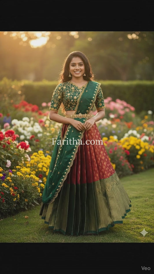 South Indian Style Litchi Silk Half Saree with Embroidered Blouse & Tapeta Dupatta #