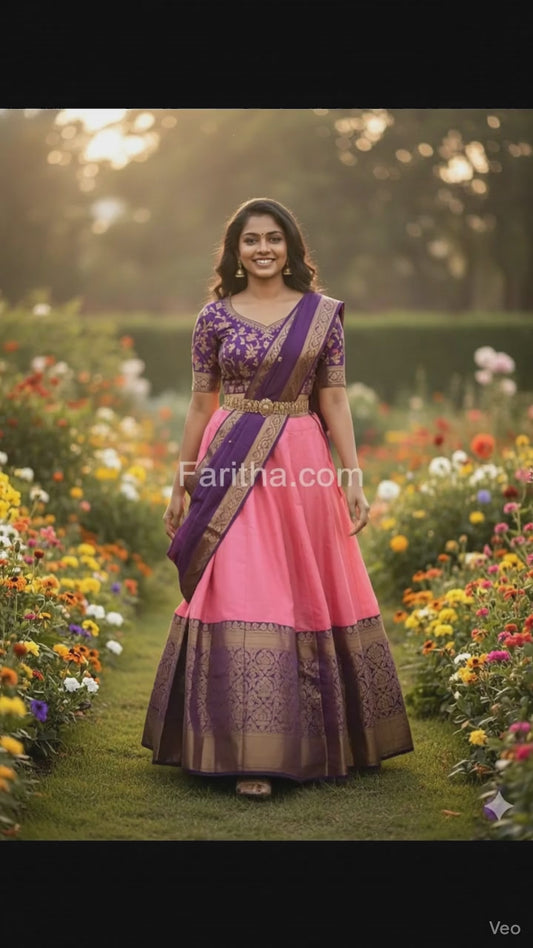 South Indian Style Litchi Silk Half Saree Lehenga with Embroidered Choli & Dupatta #