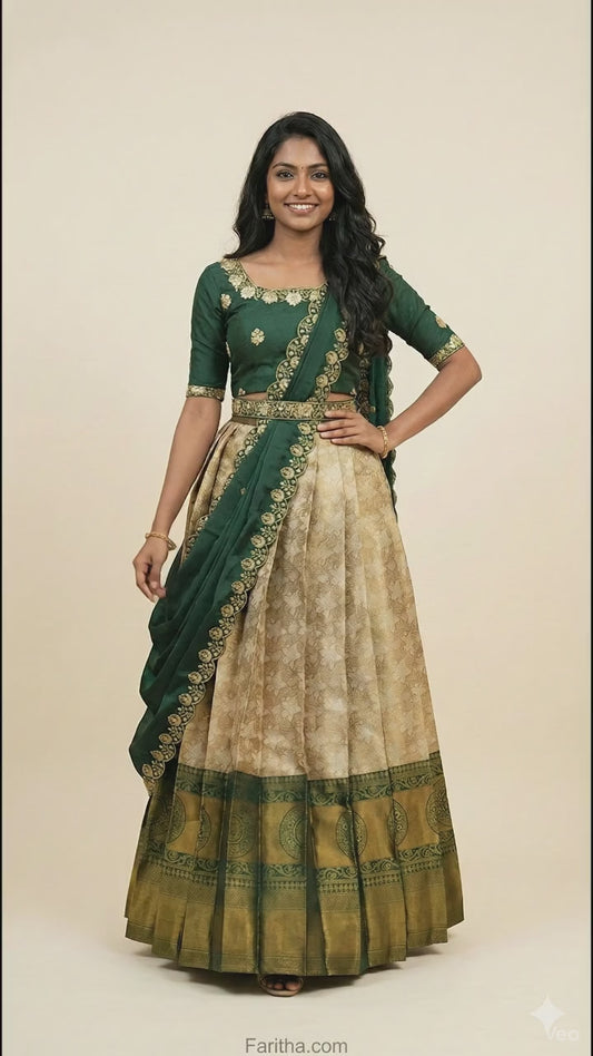 Beautiful Semi-Stitched Half Saree for Women with Woven Design & Rangoli Embroidery Dupatta#