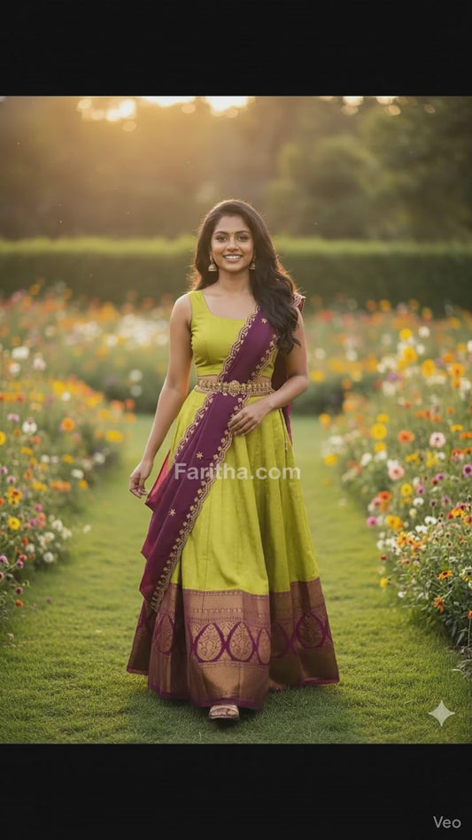 Trending South Indian Litchi Silk Half Saree with Blouse & Rangoli Dupatta #