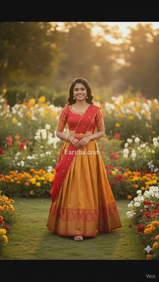 Trending South Indian Half Saree Set With Blouse & Rangoli Embroidery Dupatta#