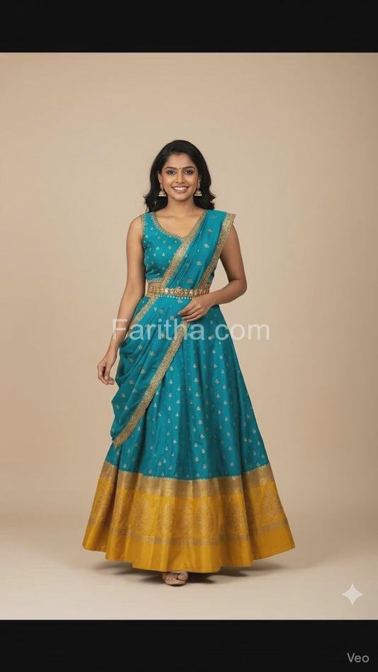 Trending Beautiful South Indian Style Half Saree With  Blouse & Rangoli Embroidery Dupatta