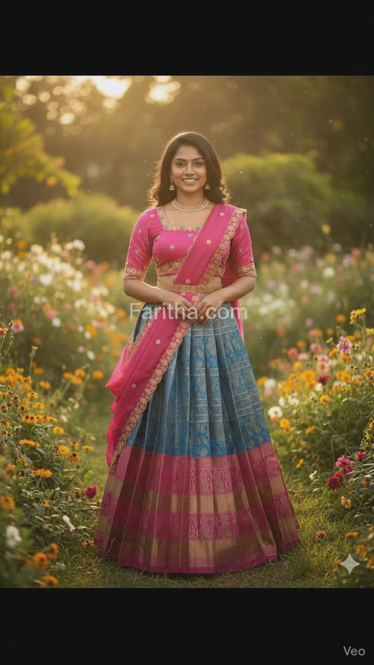 Trending South Indian Unstitched Half Saree Set with Blouse & Rangoli Embroidery Dupatta#