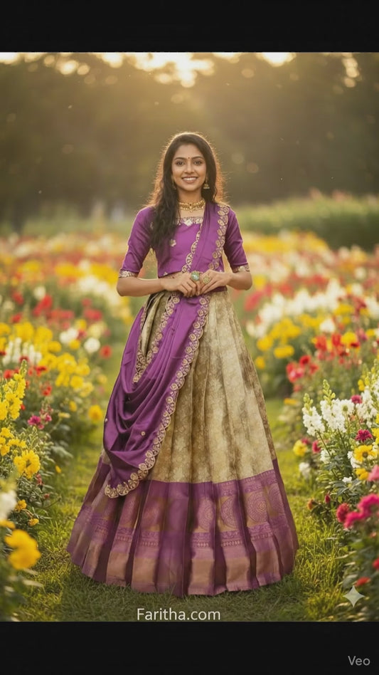 Beautiful Semi-Stitch Half Saree for Women with Woven Design & Rangoli Embroidery Dupatta | Party & Wedding Wear#