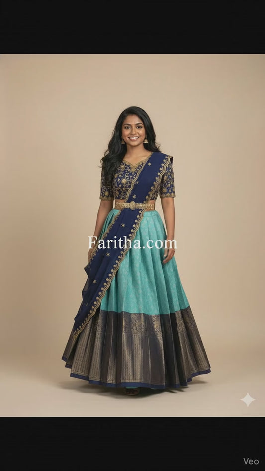 Beautiful Woven Lichi Silk Half Saree with Embroidered Blouse & Rangoli Dupatta #