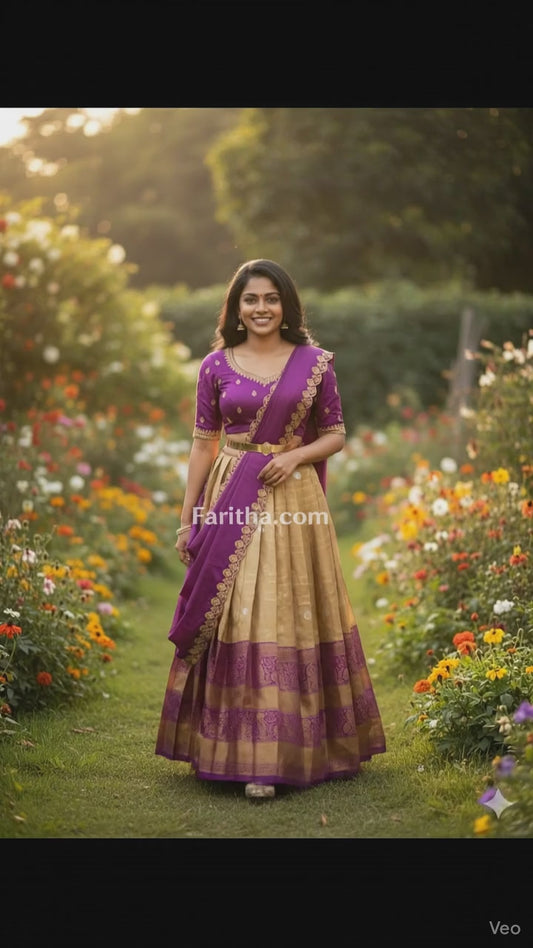 Trending South Indian Unstitched Half Saree Set with Blouse & Rangoli Embroidery Dupatta#