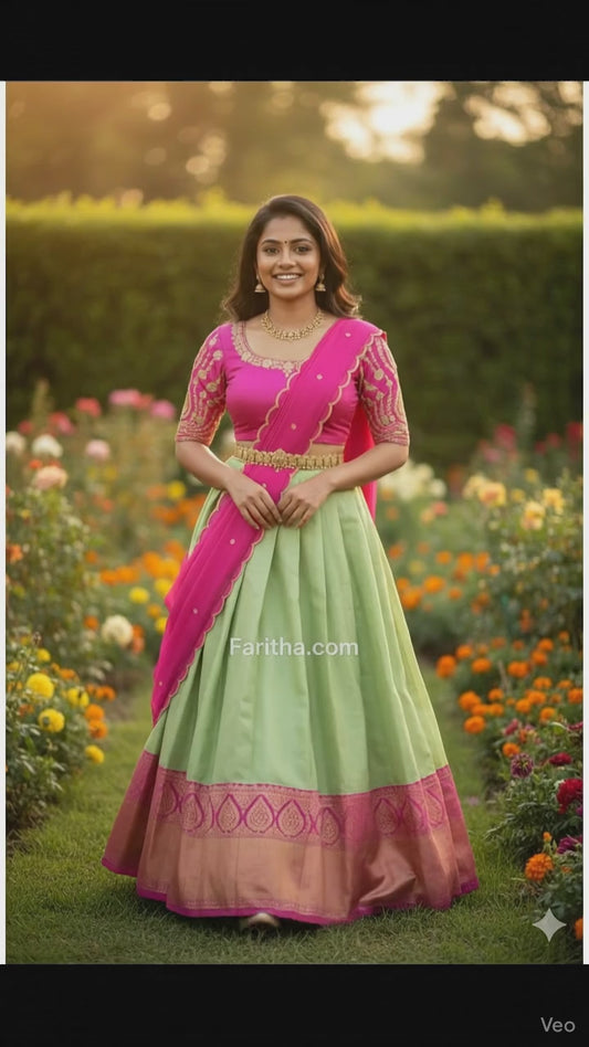 Trending Beautiful South Indian Style Half Saree With  Blouse & Rangoli Embroidery Dupatta#