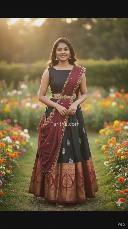 South Indian Litchi Silk Half Saree with Embroidered Blouse & Rangoli Dupatta #