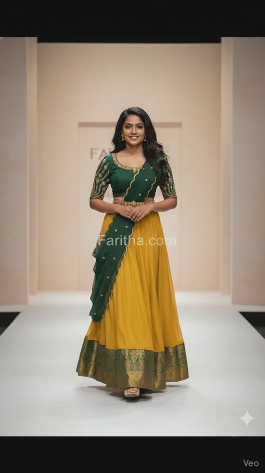 South Indian Style Half Saree with Embroidered Blouse & Rangoli Dupatta Set #