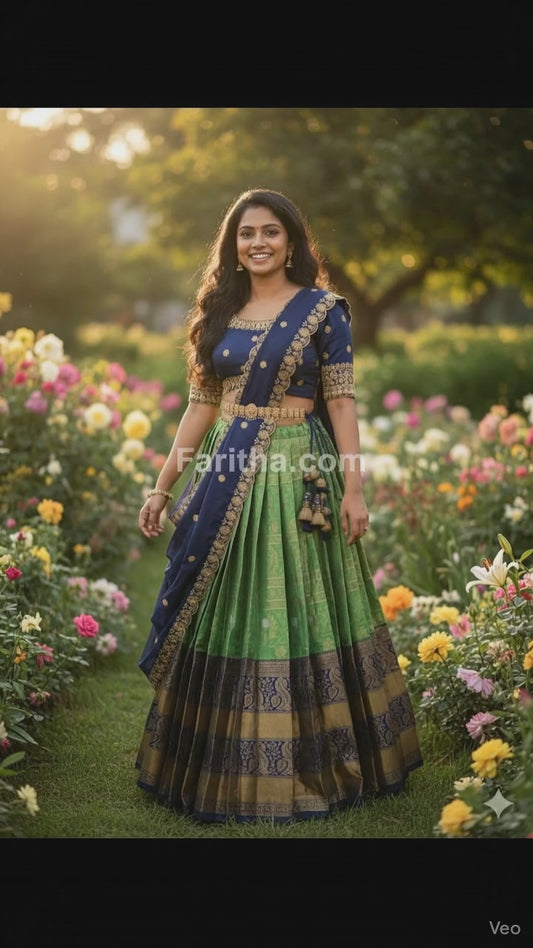 Trending South Indian Half Saree Set with Blouse & Rangoli Embroidery Dupatta#