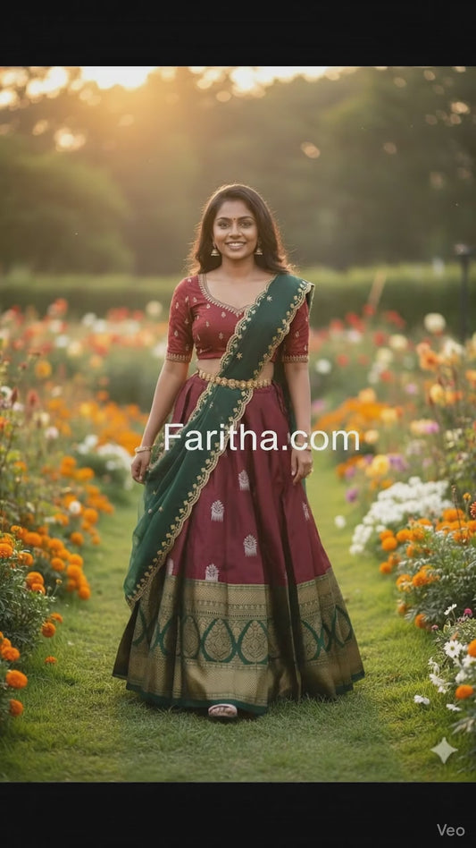 Trending South Indian Half Saree Set with Litchi Silk Lehenga & Rangoli Dupatta #