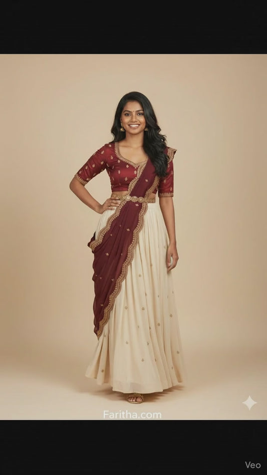 Beautiful SemiStitch Half Saree with Pure Viscose Shimmer & Embroidery work Gold Curshed Blouse with Dupatta#