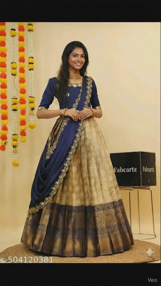 Beautiful Semistitch Half Saree with Woven Design & Rangoli Embroidery Dupatta For Women#