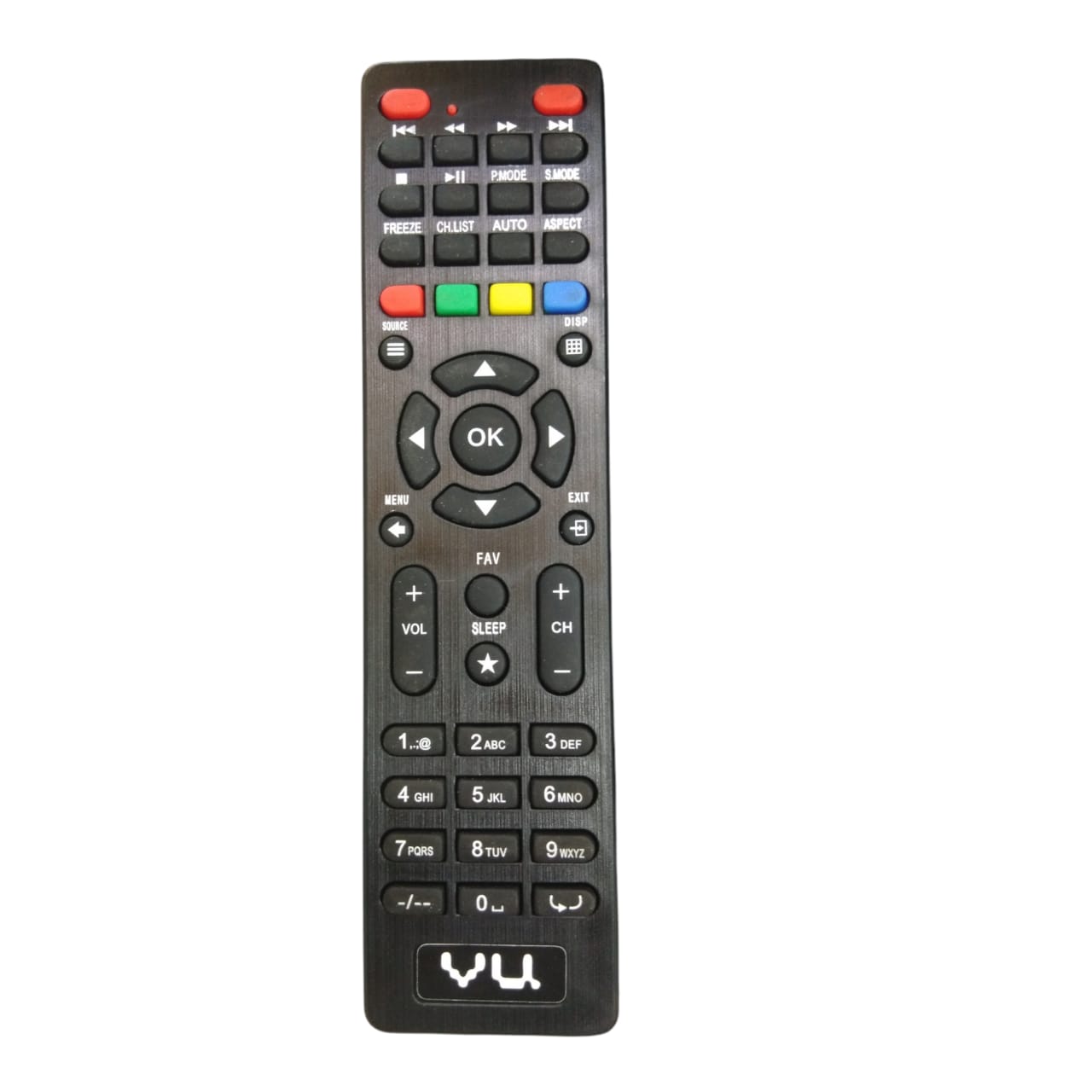 A black VU brand TV remote control with multiple buttons including numeric and directional keys.