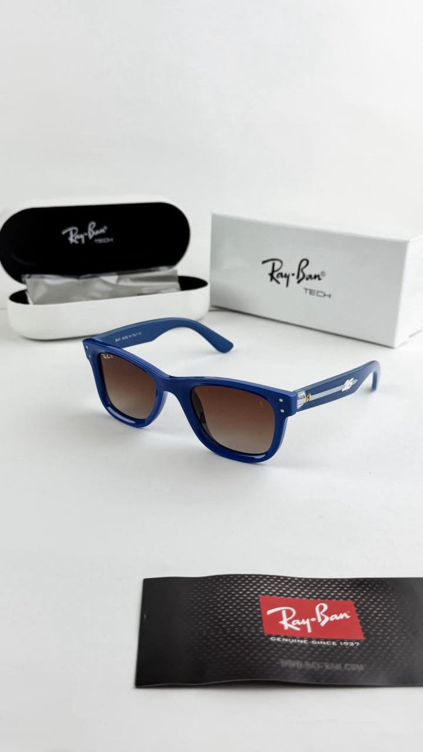 Blue frame sunglasses with case and box, angled product view